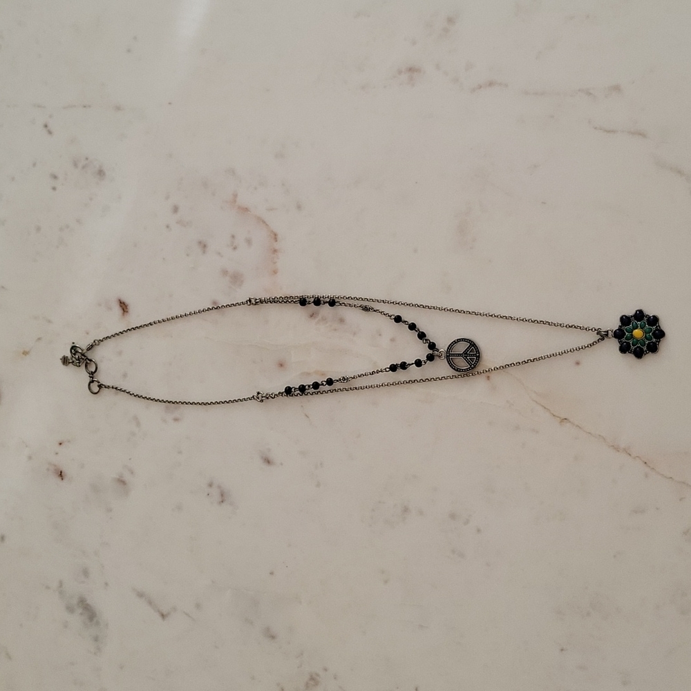 Lucky Brand Flower Peace Sign Silver Plated Necklace
